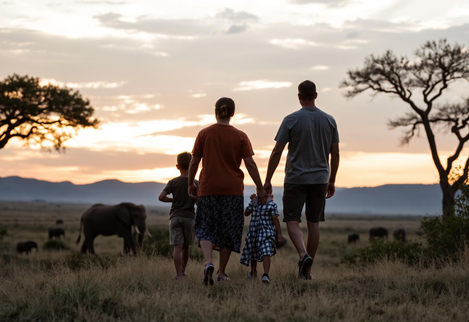 Familia caminando al atardecer en África